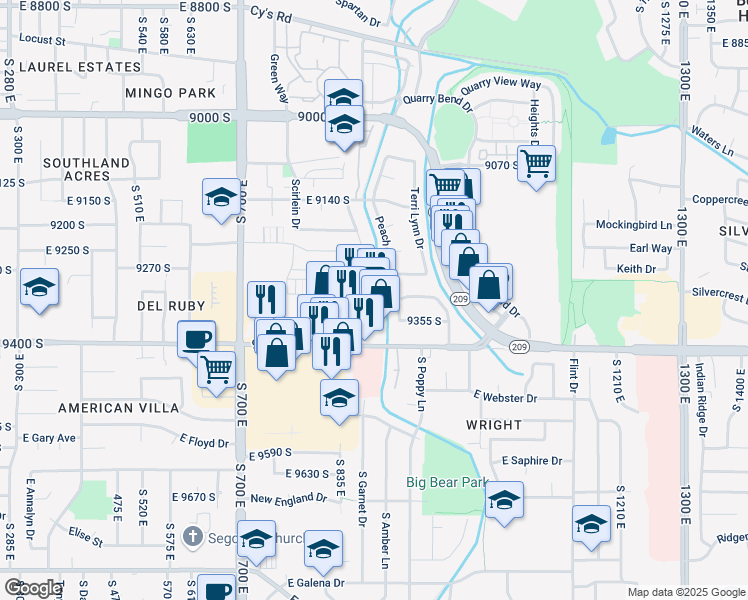 map of restaurants, bars, coffee shops, grocery stores, and more near 853 East 9400 South in Sandy