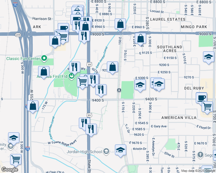 map of restaurants, bars, coffee shops, grocery stores, and more near 9350 150 East in Sandy