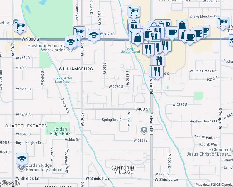 map of restaurants, bars, coffee shops, grocery stores, and more near 1947 West 9270 South in West Jordan