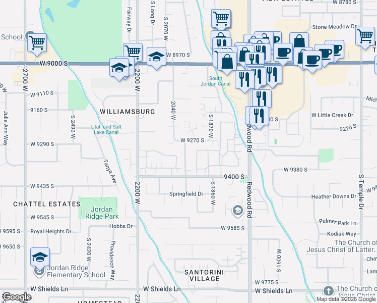 map of restaurants, bars, coffee shops, grocery stores, and more near 1947 West 9270 South in West Jordan