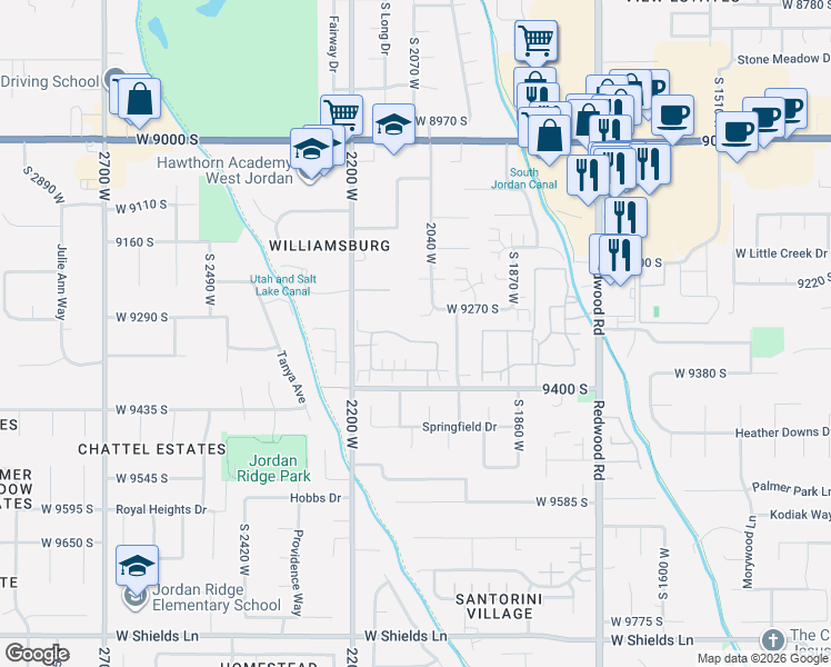 map of restaurants, bars, coffee shops, grocery stores, and more near 2116 Abbey View Road in West Jordan