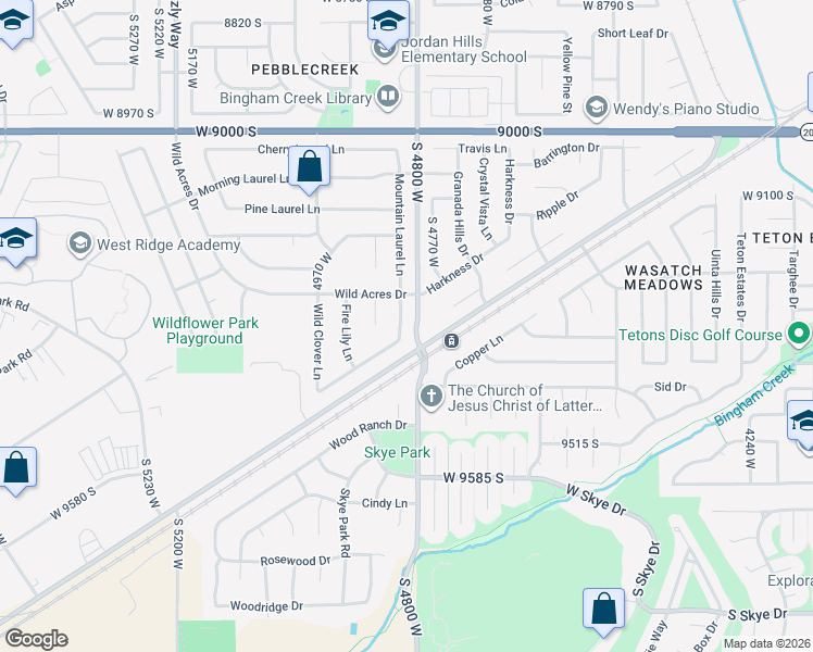 map of restaurants, bars, coffee shops, grocery stores, and more near 4791 Harkness Drive in West Jordan