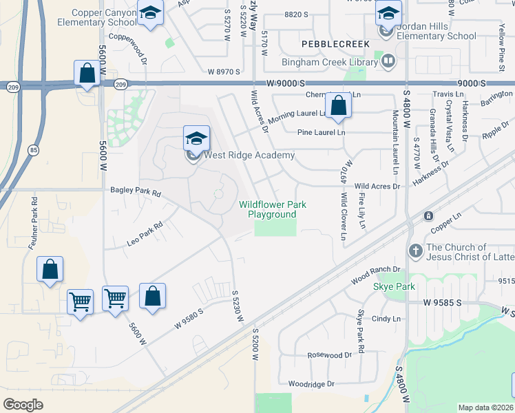 map of restaurants, bars, coffee shops, grocery stores, and more near 9317 Wisteria Way in West Jordan