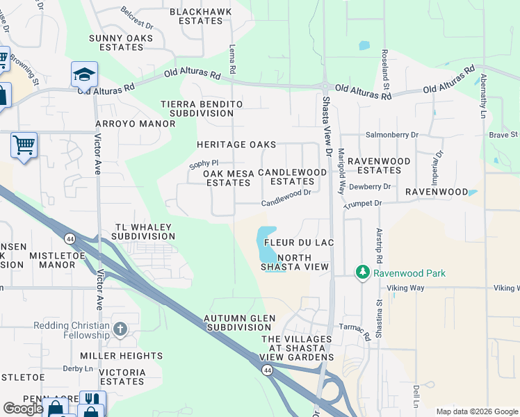 map of restaurants, bars, coffee shops, grocery stores, and more near 2220 Candlewood Drive in Redding