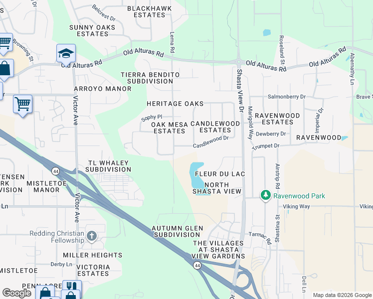 map of restaurants, bars, coffee shops, grocery stores, and more near 2220 Candlewood Drive in Redding