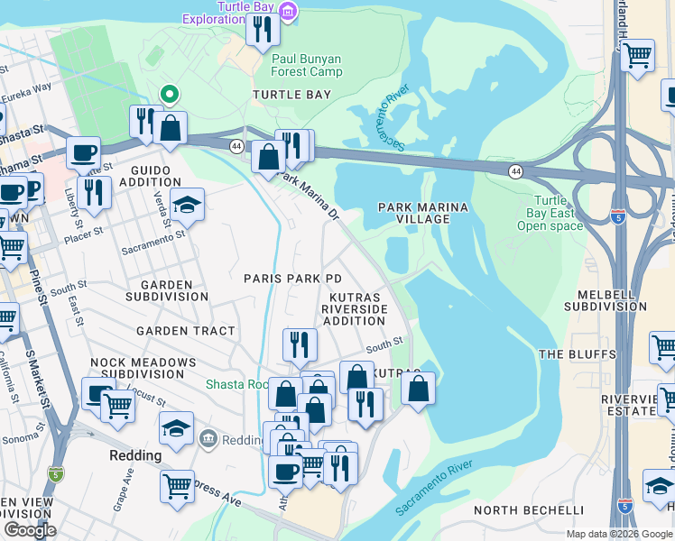 map of restaurants, bars, coffee shops, grocery stores, and more near 2081 Athens Ave in Redding