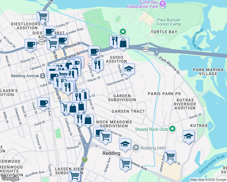 map of restaurants, bars, coffee shops, grocery stores, and more near 1831 Continental Street in Redding