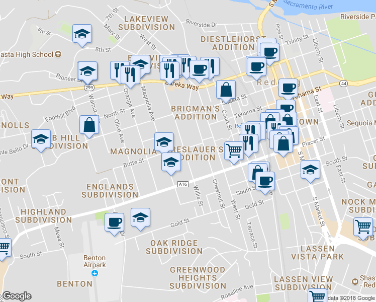map of restaurants, bars, coffee shops, grocery stores, and more near 2106 Butte Street in Redding