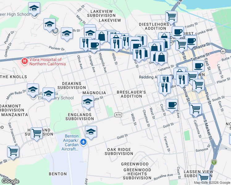 map of restaurants, bars, coffee shops, grocery stores, and more near 1445 Magnolia Avenue in Redding