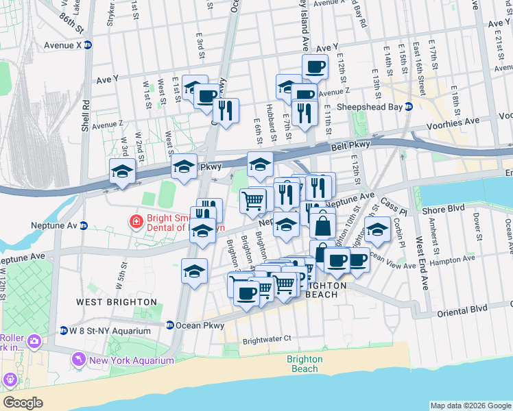 map of restaurants, bars, coffee shops, grocery stores, and more near 26 Brighton 4th Road in Brooklyn