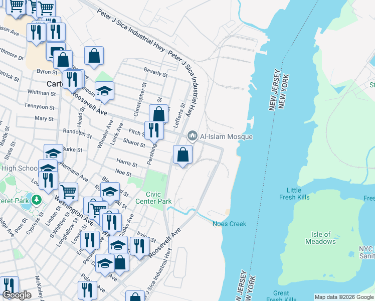 map of restaurants, bars, coffee shops, grocery stores, and more near 535 Roosevelt Avenue in Carteret
