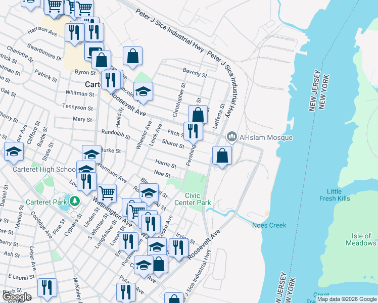 map of restaurants, bars, coffee shops, grocery stores, and more near 315 Pershing Avenue in Carteret