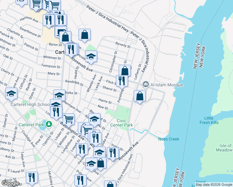map of restaurants, bars, coffee shops, grocery stores, and more near 315 Pershing Avenue in Carteret