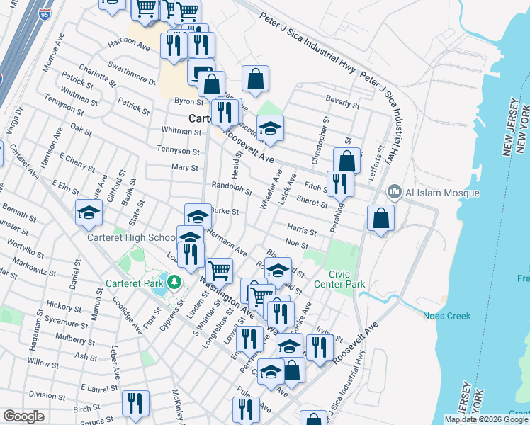 map of restaurants, bars, coffee shops, grocery stores, and more near 33 Wheeler Avenue in Carteret