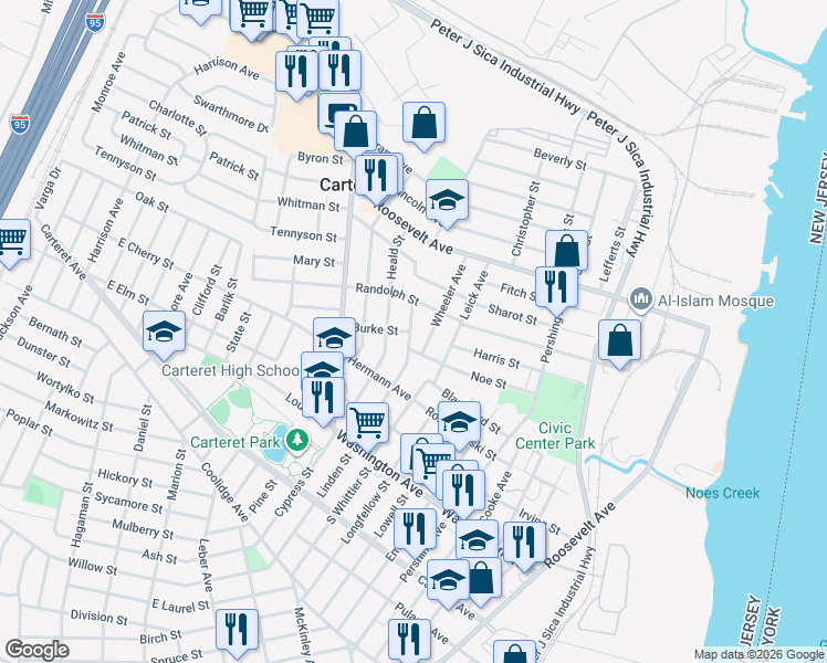 map of restaurants, bars, coffee shops, grocery stores, and more near 88 Heald Street in Carteret