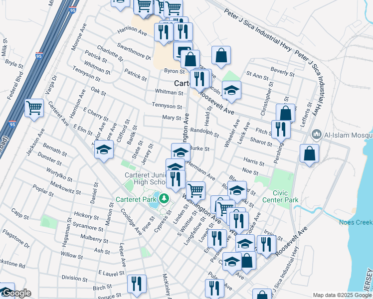 map of restaurants, bars, coffee shops, grocery stores, and more near 87 Edgar Street in Carteret