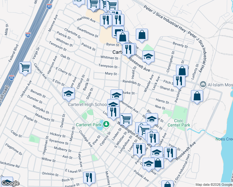 map of restaurants, bars, coffee shops, grocery stores, and more near 12B Catherine Street in Carteret