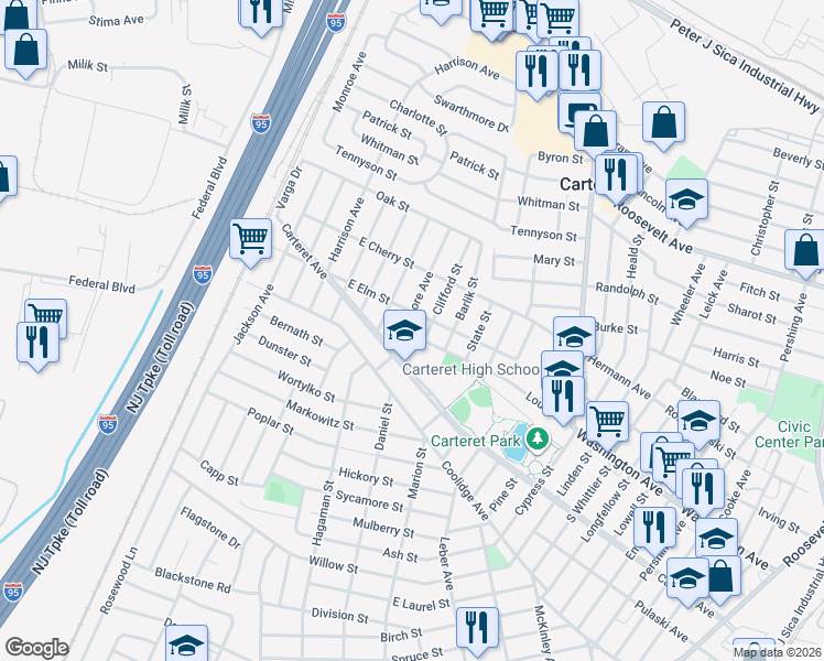 map of restaurants, bars, coffee shops, grocery stores, and more near 15B Fillmore Avenue in Carteret