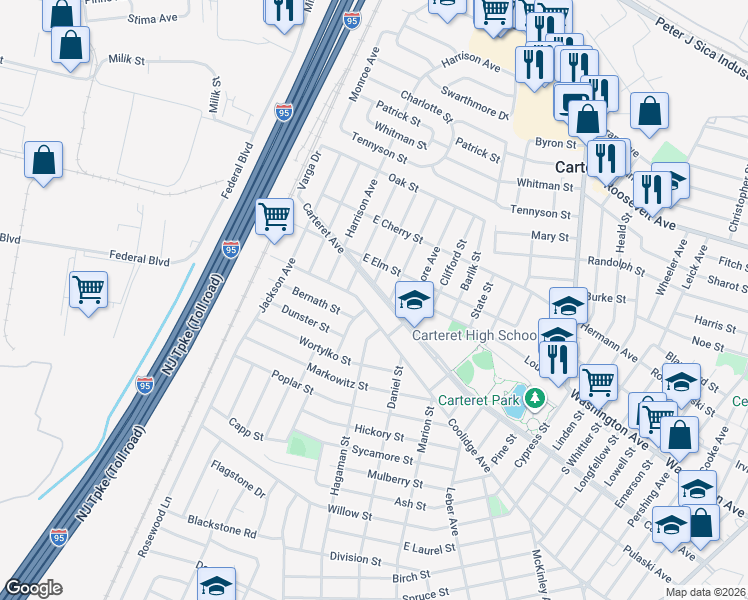 map of restaurants, bars, coffee shops, grocery stores, and more near 340 Carteret Avenue in Carteret