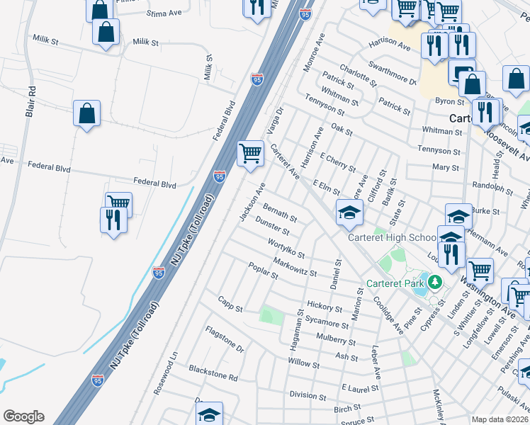 map of restaurants, bars, coffee shops, grocery stores, and more near 24 Bernath Street in Carteret