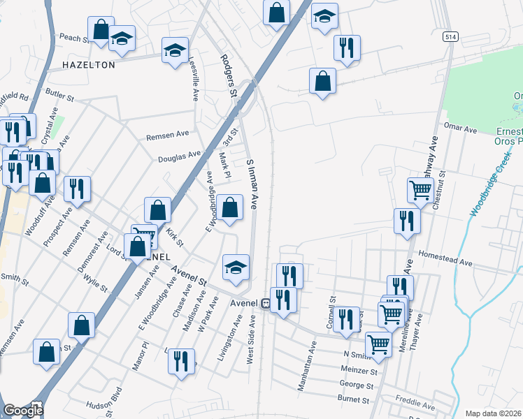 map of restaurants, bars, coffee shops, grocery stores, and more near 140 South Inman Avenue in Woodbridge Township