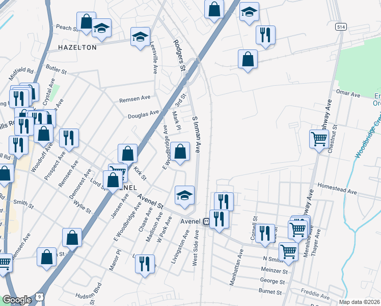 map of restaurants, bars, coffee shops, grocery stores, and more near 139 South Inman Avenue in Woodbridge Township