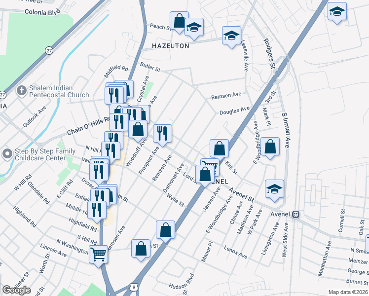 map of restaurants, bars, coffee shops, grocery stores, and more near 250 Remsen Avenue in Woodbridge Township