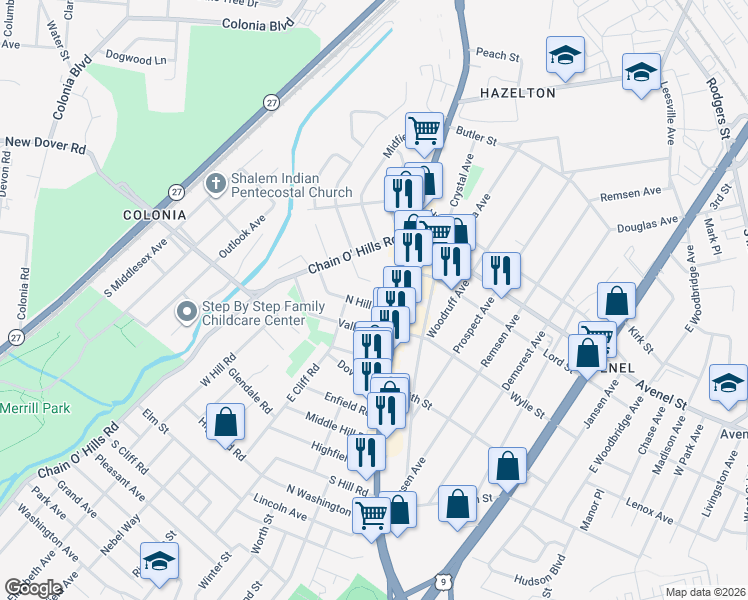 map of restaurants, bars, coffee shops, grocery stores, and more near 25 Christopher Lane in Woodbridge Township