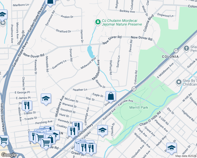 map of restaurants, bars, coffee shops, grocery stores, and more near 407 Middlesex Avenue in Woodbridge Township