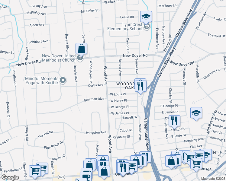 map of restaurants, bars, coffee shops, grocery stores, and more near 27 West Iselin Parkway in Woodbridge Township