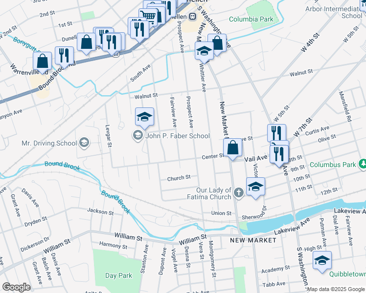 map of restaurants, bars, coffee shops, grocery stores, and more near 394 Fairview Avenue in Dunellen