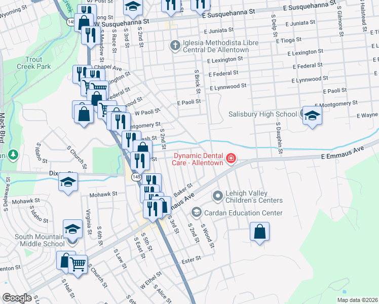 map of restaurants, bars, coffee shops, grocery stores, and more near 103 Brookdale Street in Allentown