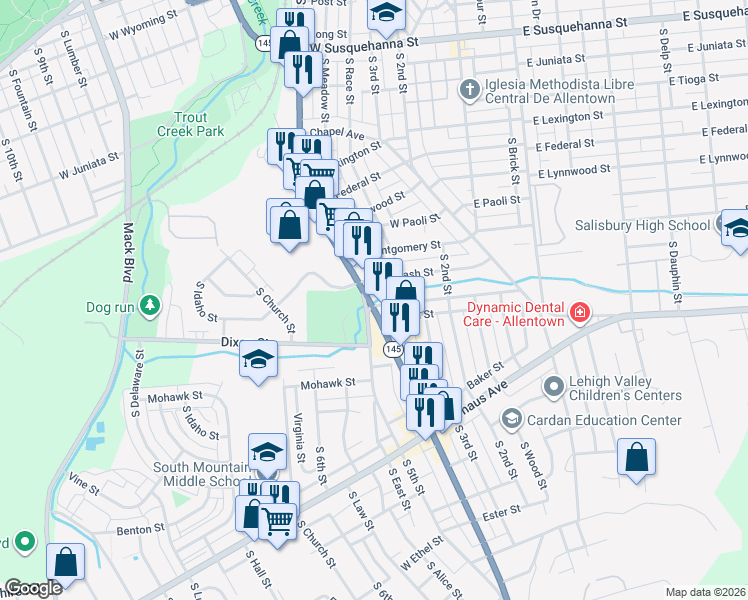 map of restaurants, bars, coffee shops, grocery stores, and more near 1801 South 4th Street in Allentown