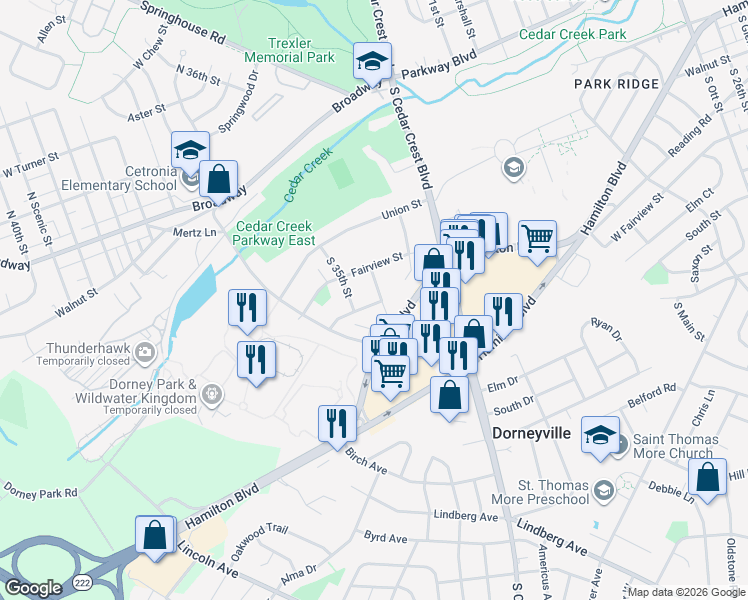 map of restaurants, bars, coffee shops, grocery stores, and more near 317 South 34th Street in Allentown