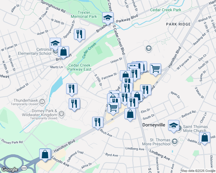 map of restaurants, bars, coffee shops, grocery stores, and more near 317 South 34th Street in Allentown