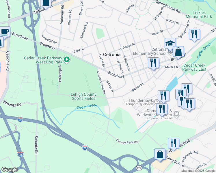 map of restaurants, bars, coffee shops, grocery stores, and more near 2 South 41st Street in Allentown