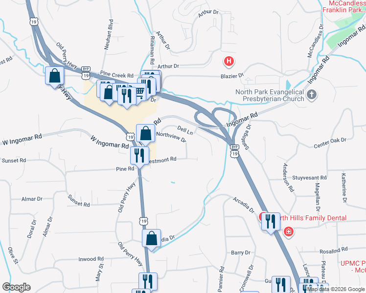 map of restaurants, bars, coffee shops, grocery stores, and more near 9633 Sheraton Road in Pittsburgh