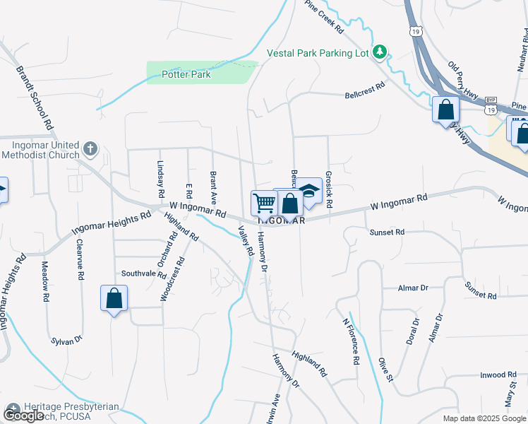 map of restaurants, bars, coffee shops, grocery stores, and more near 9708 Harmony Drive in Pittsburgh
