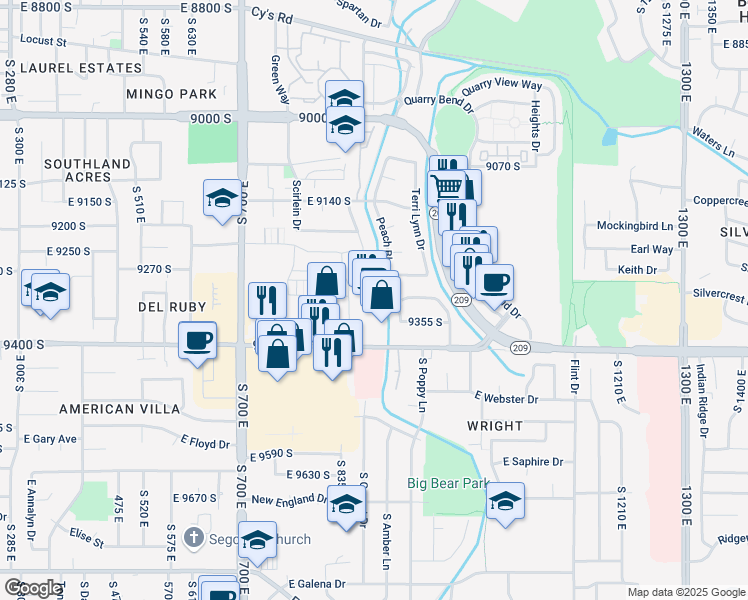 map of restaurants, bars, coffee shops, grocery stores, and more near 853 East 9400 South in Sandy