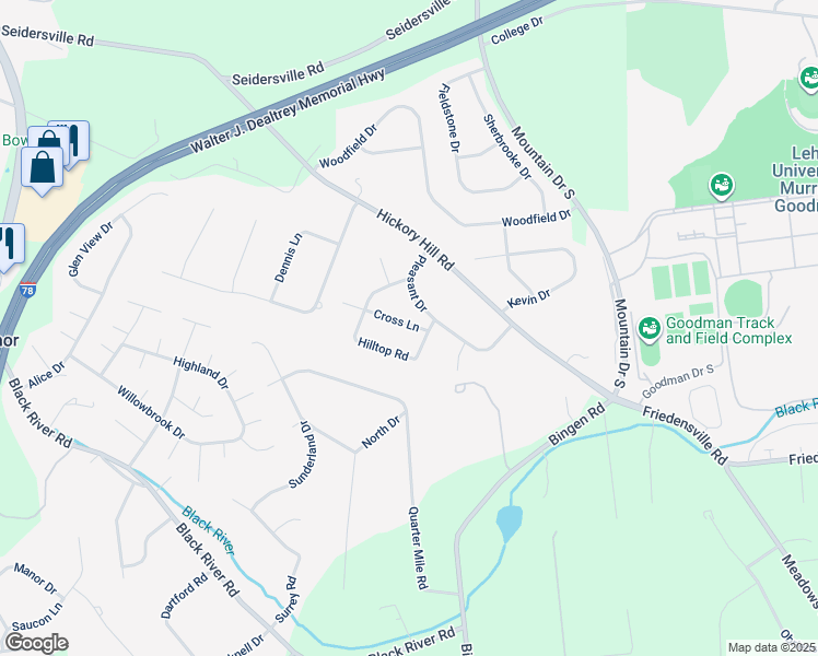 map of restaurants, bars, coffee shops, grocery stores, and more near 1660 Cross Lane in Bethlehem
