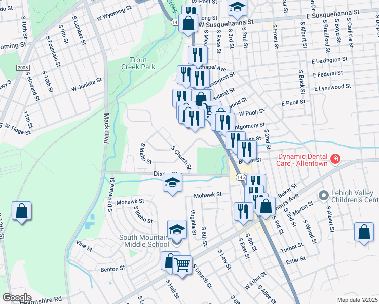 map of restaurants, bars, coffee shops, grocery stores, and more near 640 West Brookdale Street in Allentown