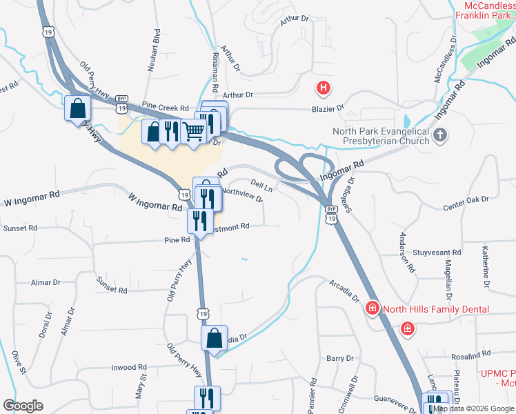 map of restaurants, bars, coffee shops, grocery stores, and more near 9633 Sheraton Road in Pittsburgh