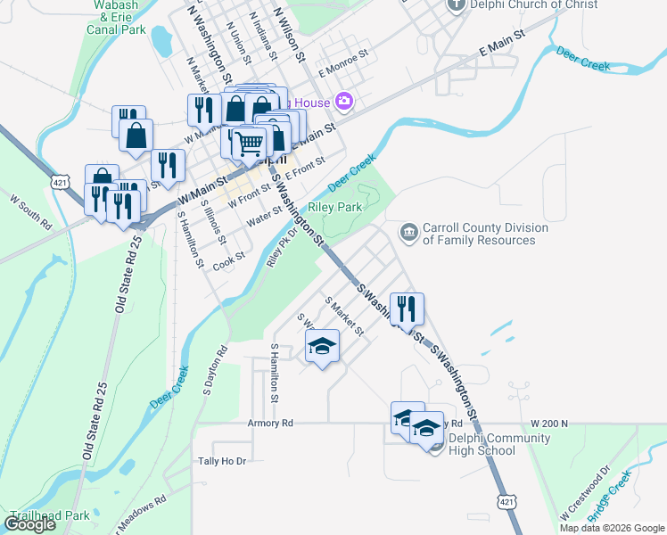 map of restaurants, bars, coffee shops, grocery stores, and more near 708 South Washington Street in Delphi