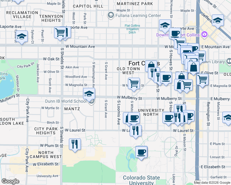 map of restaurants, bars, coffee shops, grocery stores, and more near 409 South Loomis Avenue in Fort Collins