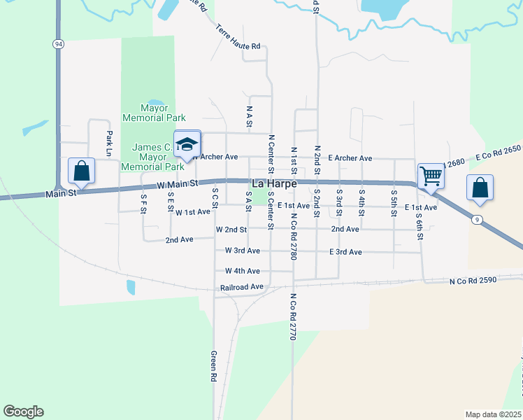 map of restaurants, bars, coffee shops, grocery stores, and more near 200 West 1st Avenue in La Harpe