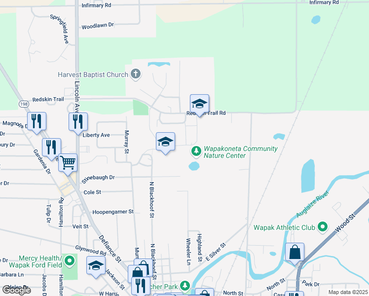 map of restaurants, bars, coffee shops, grocery stores, and more near 1 Redskin Trail in Wapakoneta