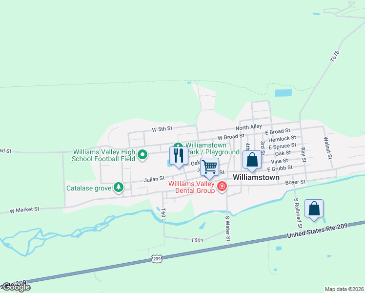 map of restaurants, bars, coffee shops, grocery stores, and more near 443 West Broad Street in Williamstown