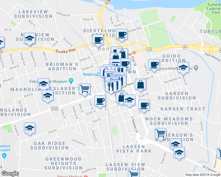 map of restaurants, bars, coffee shops, grocery stores, and more near 1690 California Street in Redding