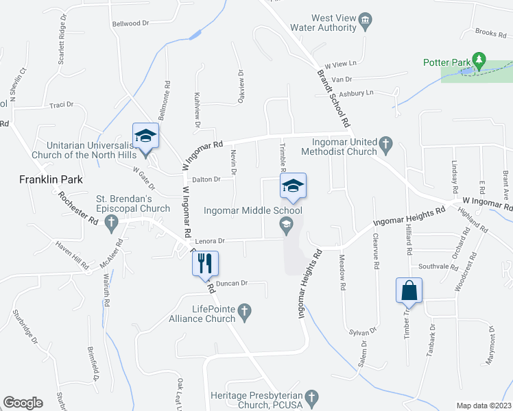 map of restaurants, bars, coffee shops, grocery stores, and more near 2349 Fairlawn Drive in Pittsburgh