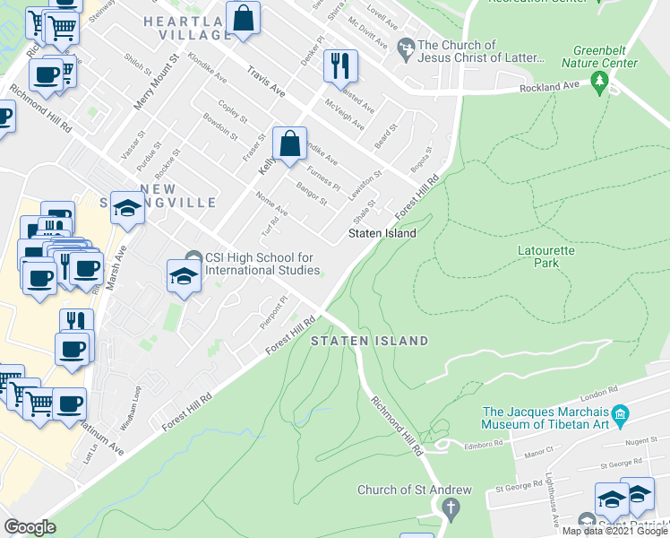 map of restaurants, bars, coffee shops, grocery stores, and more near 1560 Forest Hill Road in Staten Island